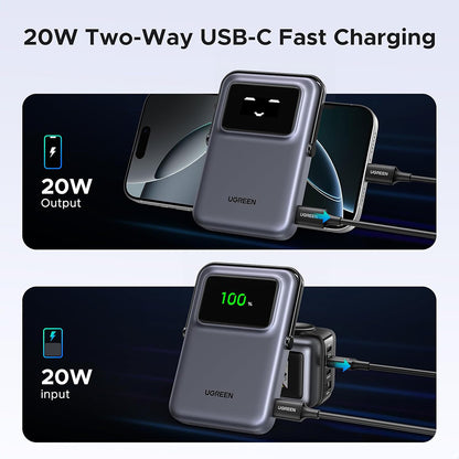 Bateria Externa Wireless UGREEN PB764 Uno, 10000mAh, 20W, PD + FQI, 1 x QI - 1 x USB-C, Cinzento