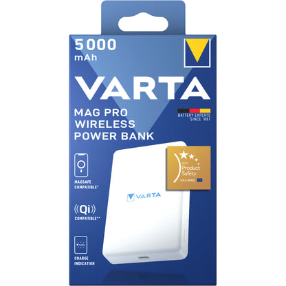 Bateria Externa Wireless Varta Mag Pro, 5000mAh, 12W, 1 x QI - 1 x USB-C, Branca