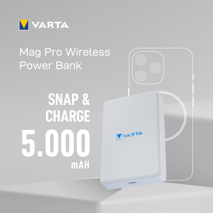 Bateria Externa Wireless Varta Mag Pro, 5000mAh, 12W, 1 x QI - 1 x USB-C, Branca