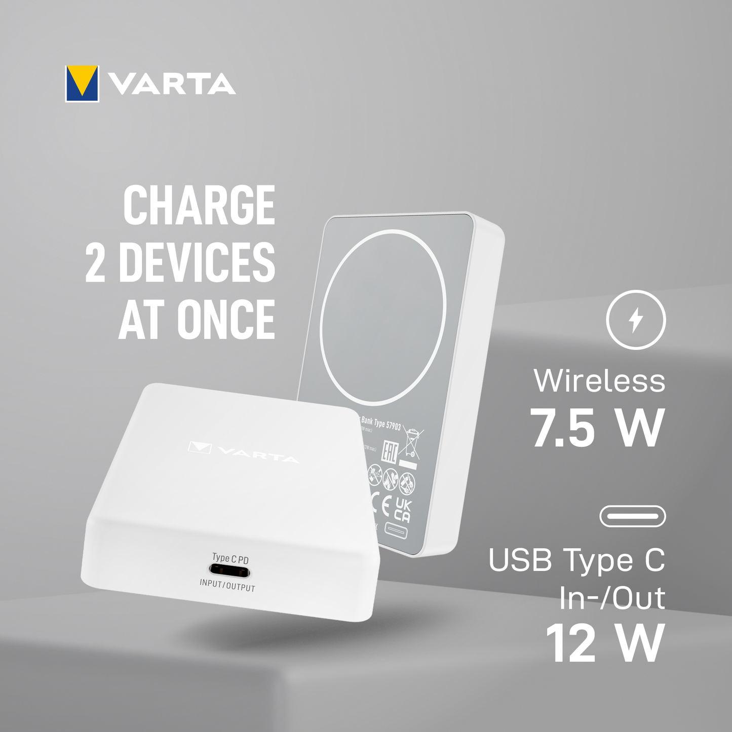 Bateria Externa Wireless Varta Mag Pro, 5000mAh, 12W, 1 x QI - 1 x USB-C, Branca