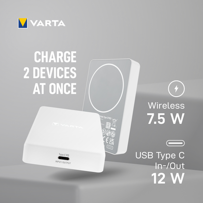 Bateria Externa Wireless Varta Mag Pro, 5000mAh, 12W, 1 x QI - 1 x USB-C, Branca
