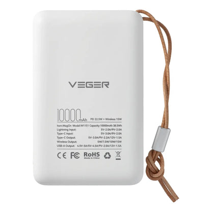 Bateria Externa Wireless Veger VP1151 / W1151, 10000mAh, 22.5W, QC + PD + FQI, 1 x QI - 1 x USB-A - 1 x USB-C, Branca