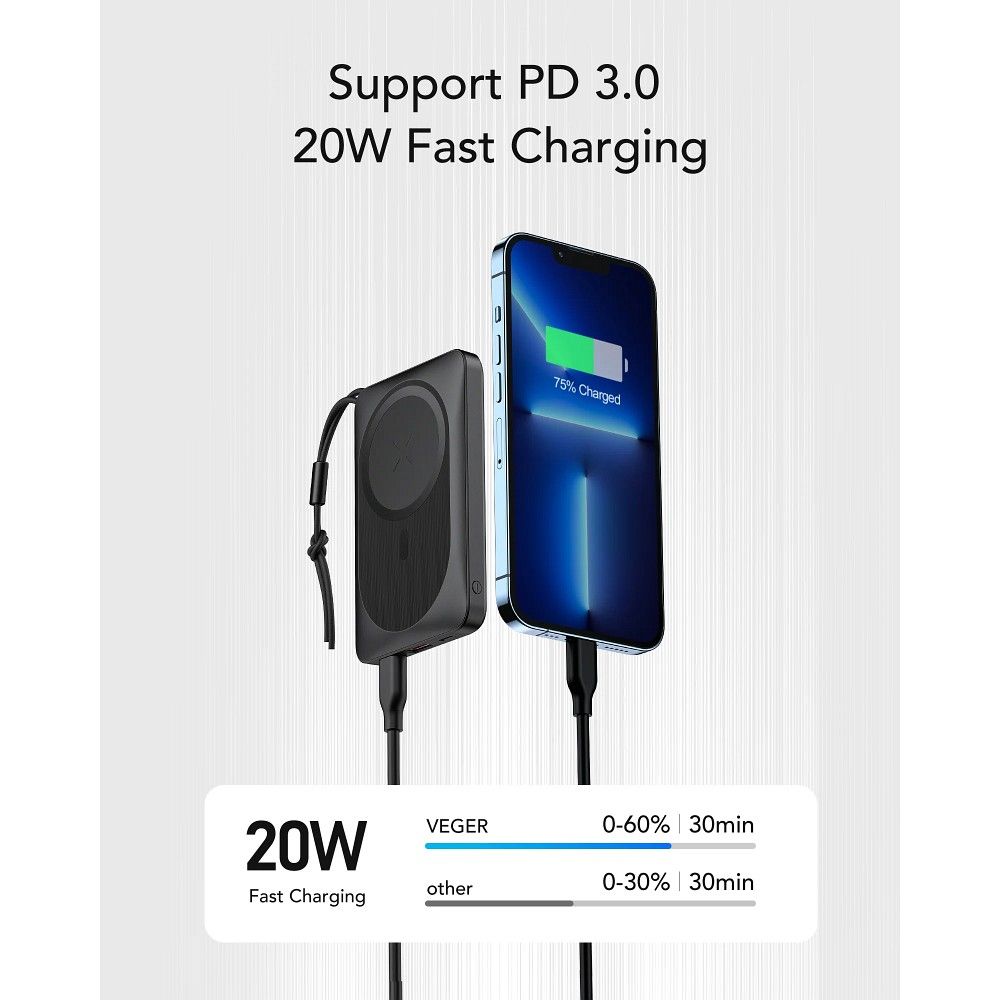 Bateria Externa Wireless Veger VP1151 / W1151, 10000mAh, 22.5W, QC + PD + FQI, 1 x QI - 1 x USB-A - 1 x USB-C, Preta