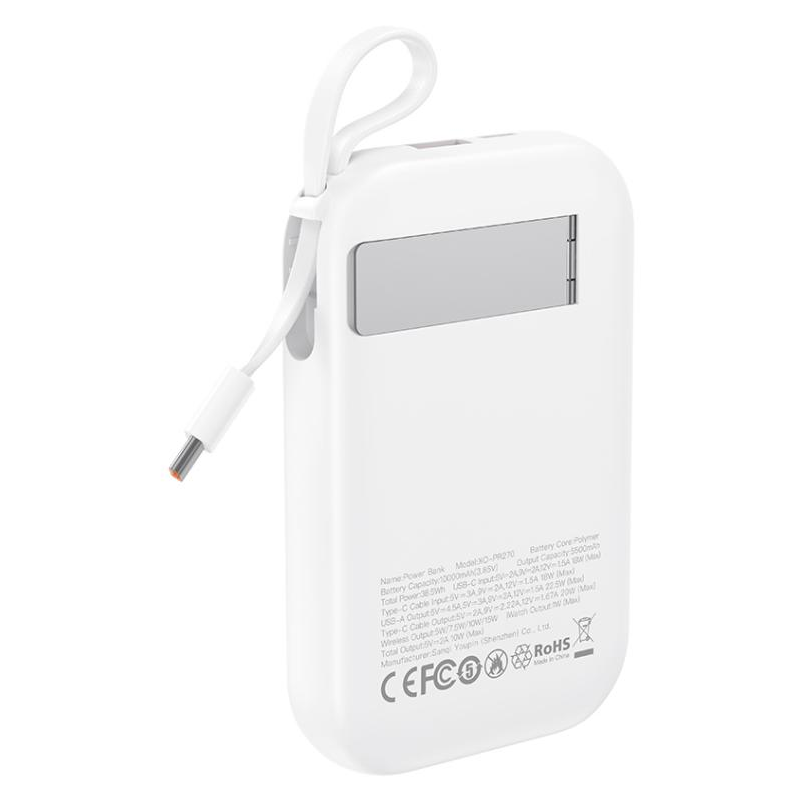 Bateria Externa Wireless XO Design PR270, 10000mAh, 22.5W, QC + PD + QI, 1 x QI - 1 x USB-A - 1 x USB-C, Branca