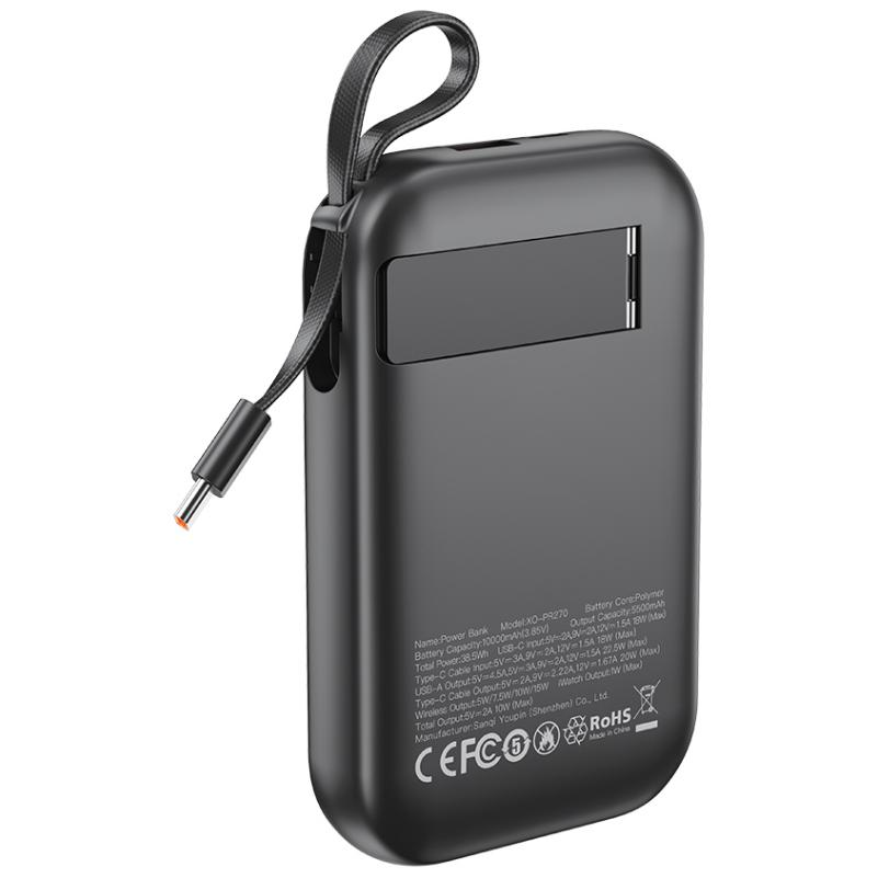 Bateria Externa Wireless XO Design PR270, 10000mAh, 22.5W, QC + PD + QI, 1 x QI - 1 x USB-A - 1 x USB-C, Preta