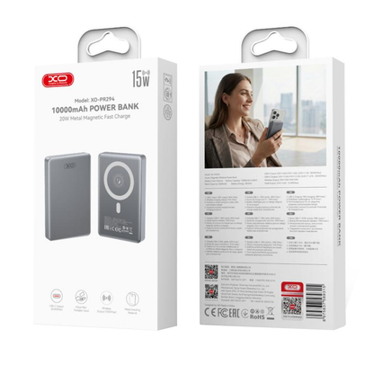 Bateria Externa Wireless XO Design PR294, 10000mAh, 20W, PD + FQI, 1 x QI - 1 x USB-C, Cinzento