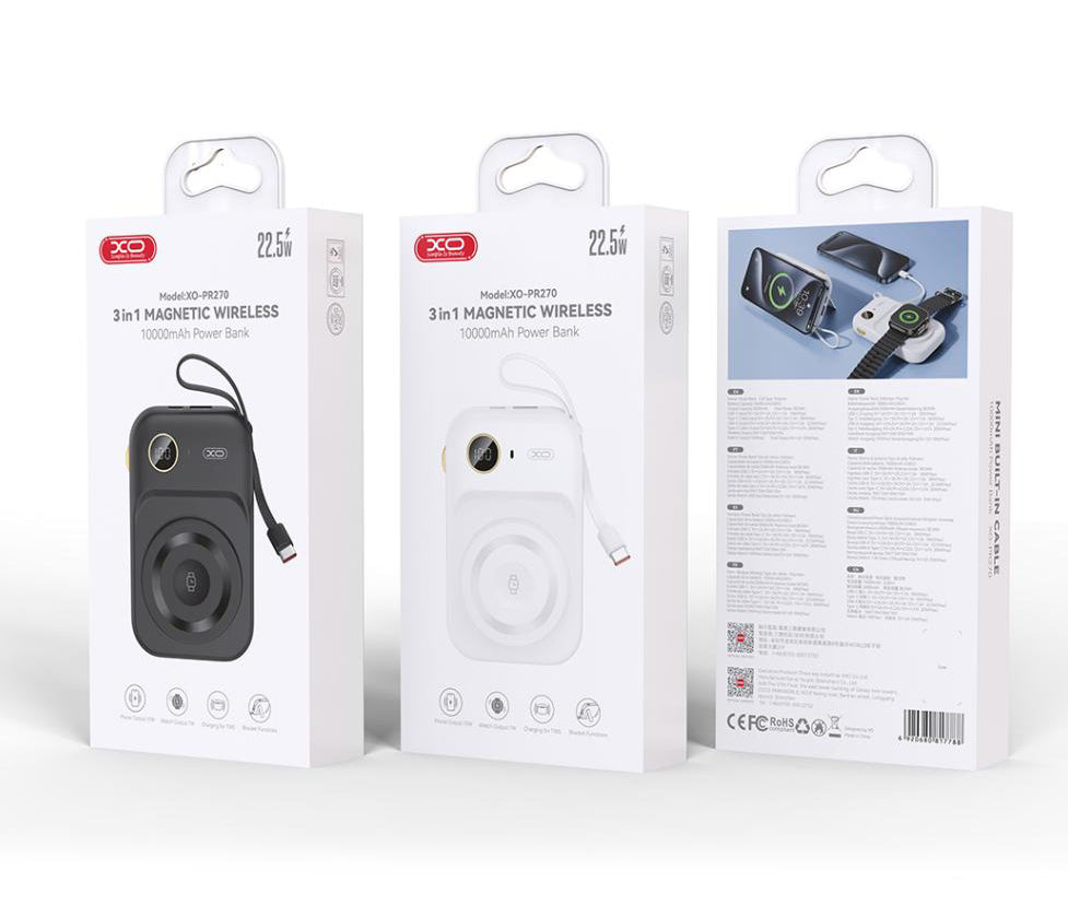 Bateria Externa Wireless XO Design PR270, 10000mAh, 22.5W, QC + PD + QI, 1 x QI - 1 x USB-A - 1 x USB-C, Branca