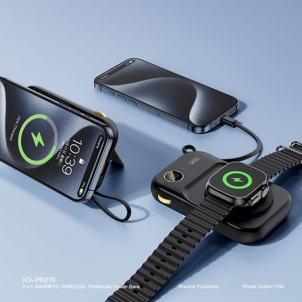 Bateria Externa Wireless XO Design PR270, 10000mAh, 22.5W, QC + PD + QI, 1 x QI - 1 x USB-A - 1 x USB-C, Preta