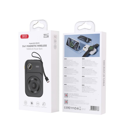 Bateria Externa Wireless XO Design PR270, 10000mAh, 22.5W, QC + PD + QI, 1 x QI - 1 x USB-A - 1 x USB-C, Preta