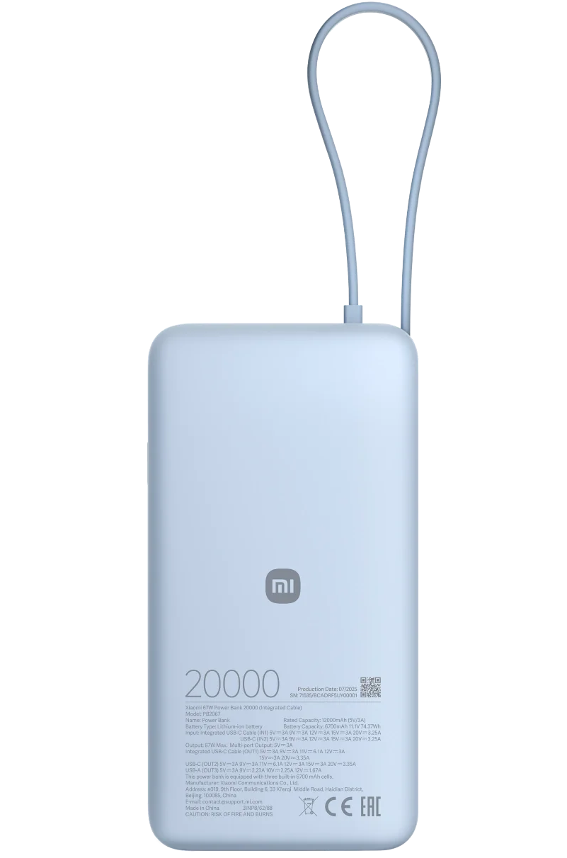 Bateria Externa Xiaomi, 20000mAh, 67W, QC + PD, 1 x USB-A - 2 x USB-C, Azul BHR08O8GL