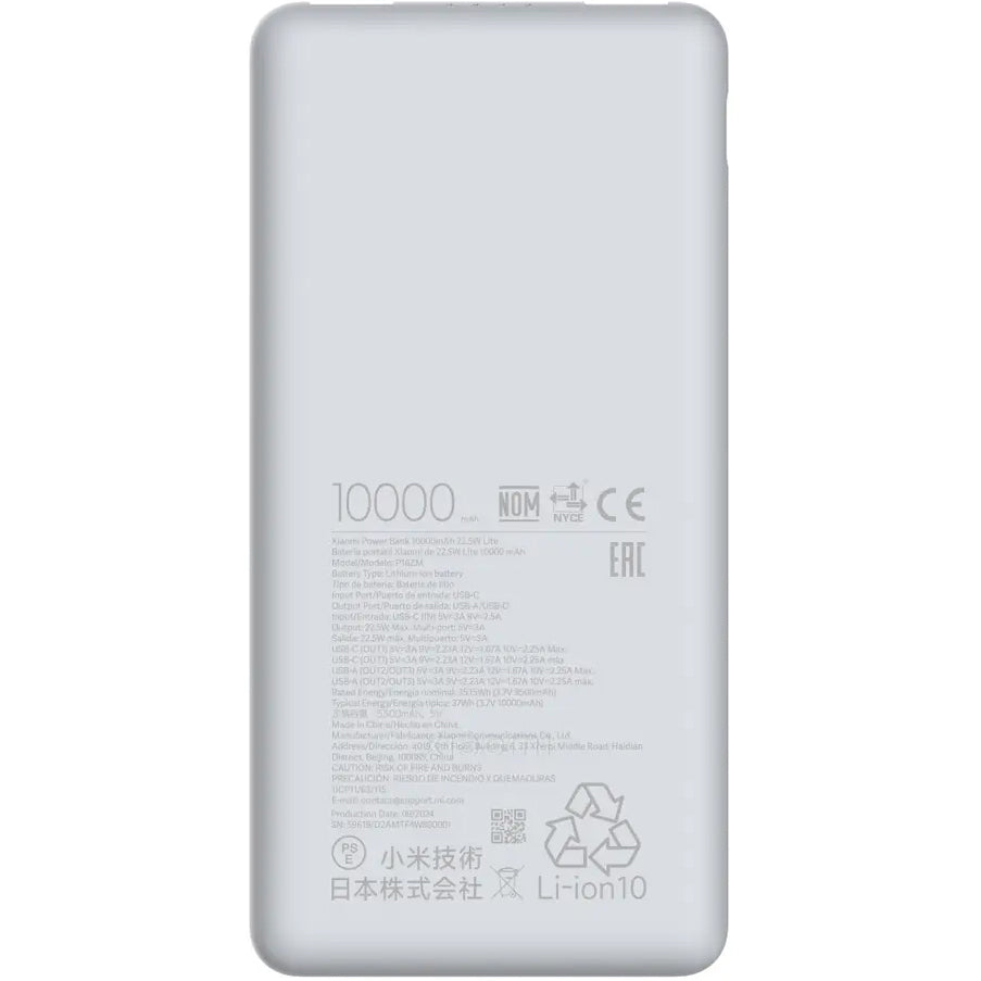 Bateria Externa Xiaomi Lite, 10000mAh, 22.5W, QC + PD, 1 x USB-C - 2 x USB-A, Branca BHR9350GL