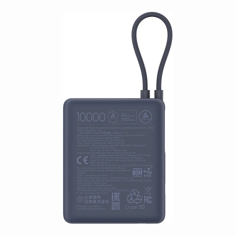 Bateria Externa Xiaomi PB1033MI, 10000mAh, 33W, QC + PD, 1 x USB-A - 2 x USB-C, Azul-marinho BHR9341GL