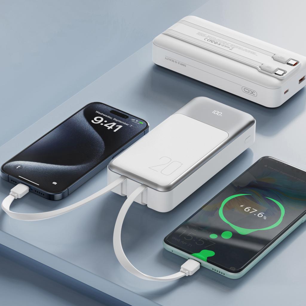 XO Design PR249 External Battery, 20000mAh, 22.5W, QC + PD, 1 x Lightning - 1 x USB-A - 2 x USB-C, White