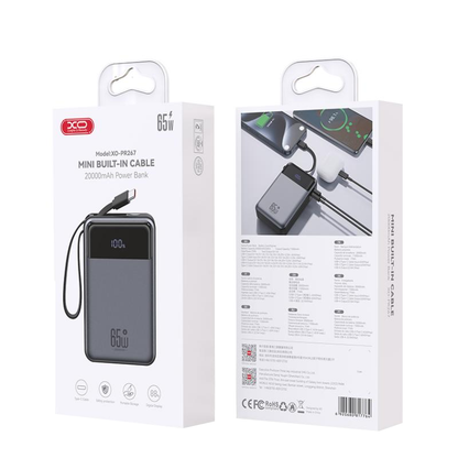 Bateria Externa XO Design PR267, 20000mAh, 65W, QC + PD, 1 x USB-A - 2 x USB-C, Cinzento