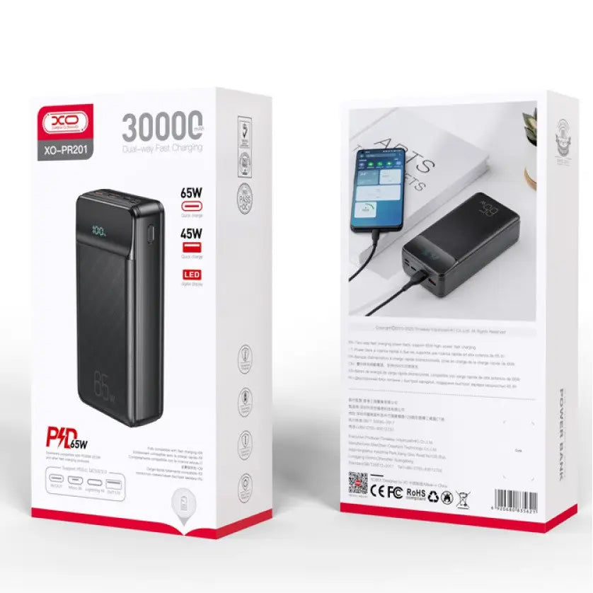 Bateria Externa XO Design PR201, 30000mAh, 65W, QC + PD, 1 x USB-C - 2 x USB-A, Preta