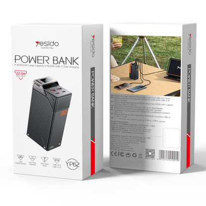 Bateria Externa Yesido YP62, 30000mAh, 22.5W, QC + PD, 2 x USB-A - 2 x USB-C, Preta