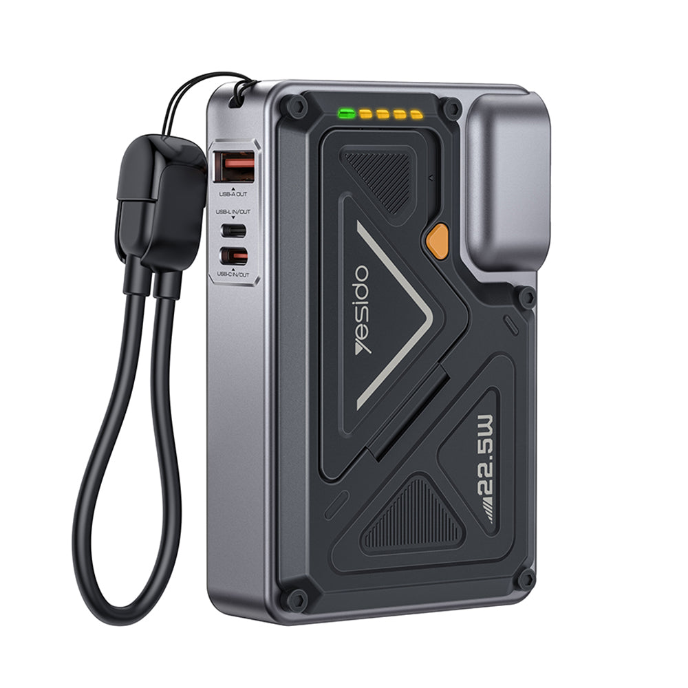 Bateria Externa Yesido YP89, 10000mAh, 22.5W, QC + PD + FQI, 1 x Lightning - 1 x QI - 1 x USB-A - 1 x USB-C, Cinzento