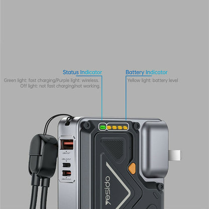 Bateria Externa Yesido YP89, 10000mAh, 22.5W, QC + PD + FQI, 1 x Lightning - 1 x QI - 1 x USB-A - 1 x USB-C, Cinzento