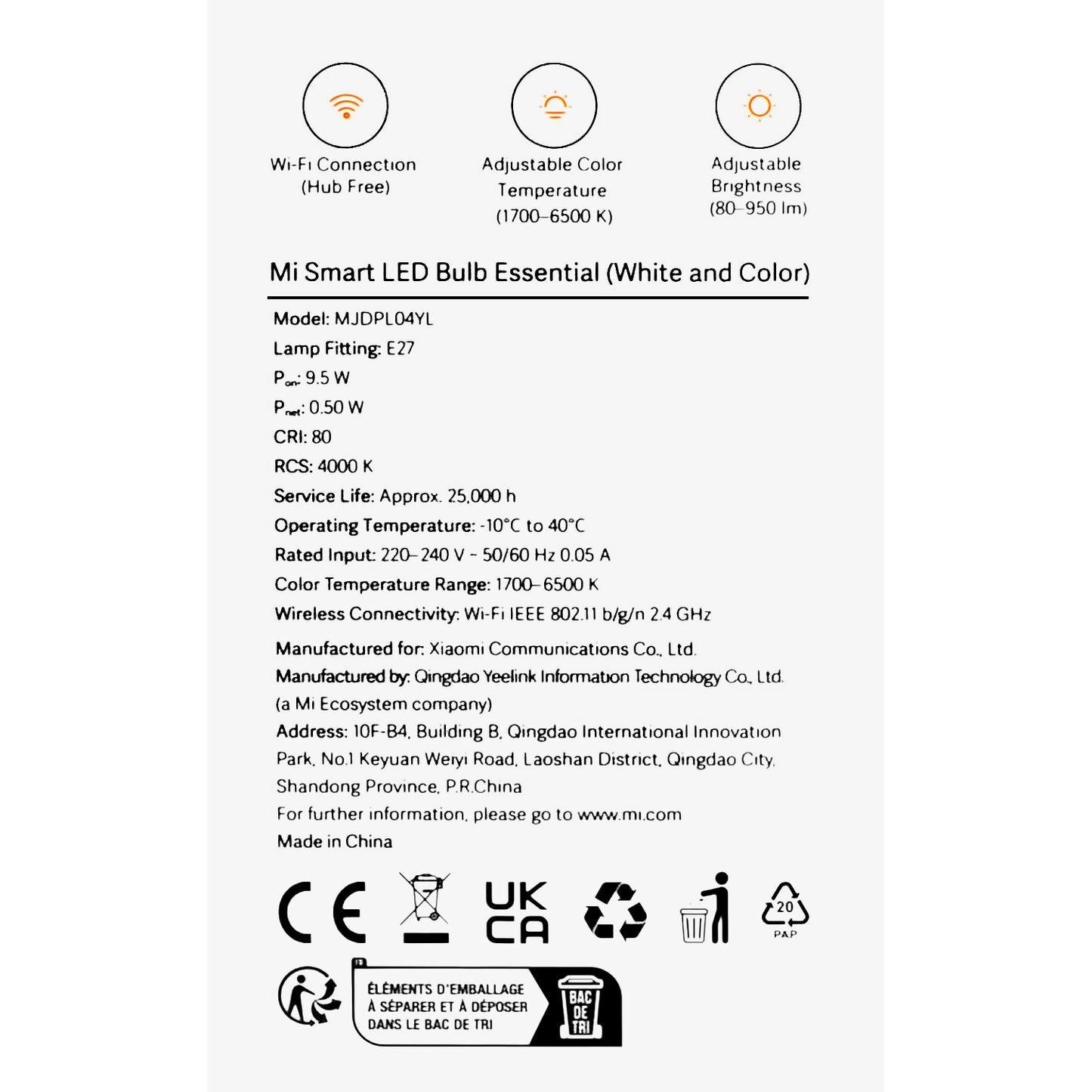 Lâmpada LED Xiaomi Essential, Wi-Fi, E27, 9W, 1700K - 6500K, 950lm BHR5743EU BHR5743EU 