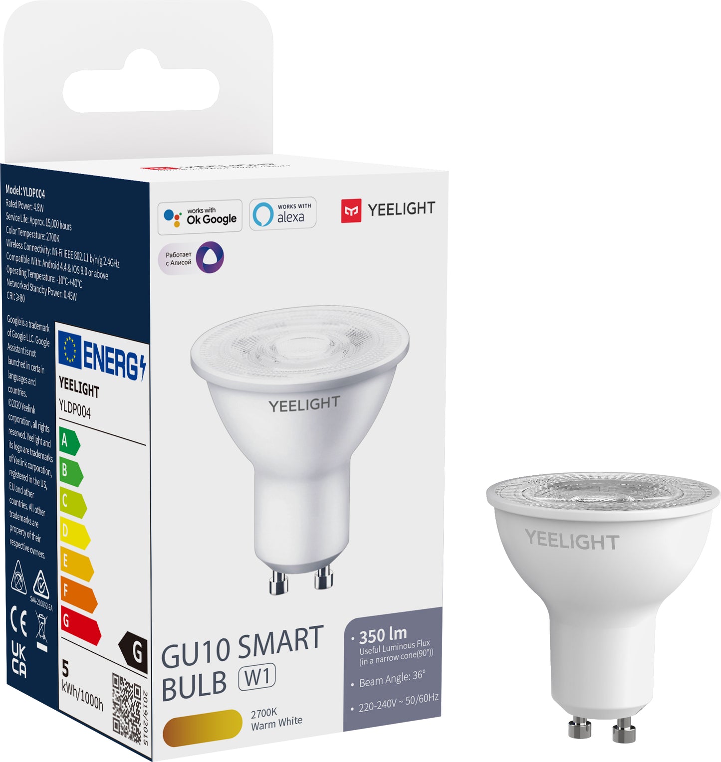 Yeelight W1 Lâmpada LED, Wi-Fi, GU10, 4.8W, 2700K, 350lm, Branco YLDP004