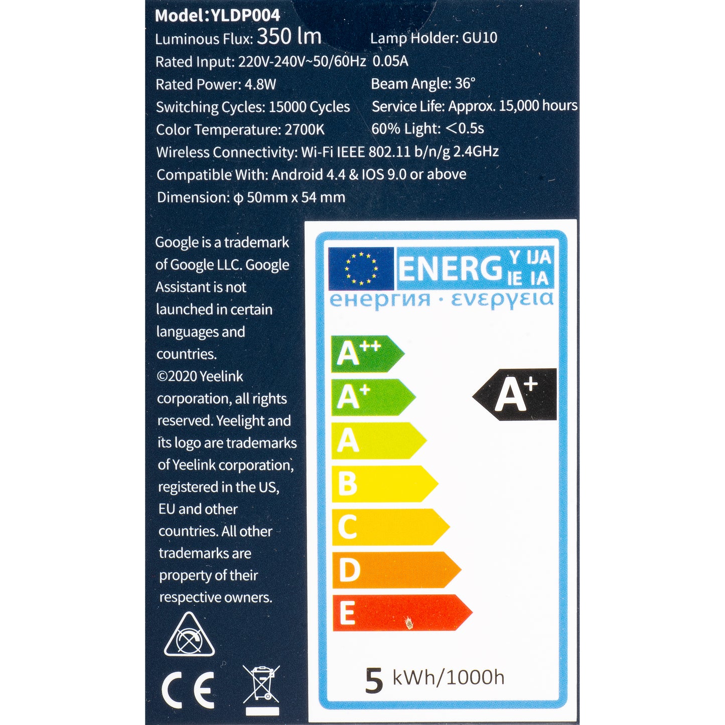 Yeelight W1 Lâmpada LED, Wi-Fi, GU10, 4.8W, 2700K, 350lm, Branco YLDP004