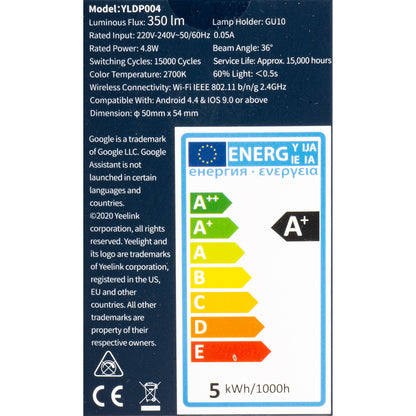 Yeelight W1 Lâmpada LED, Wi-Fi, GU10, 4.8W, 2700K, 350lm, Branco YLDP004