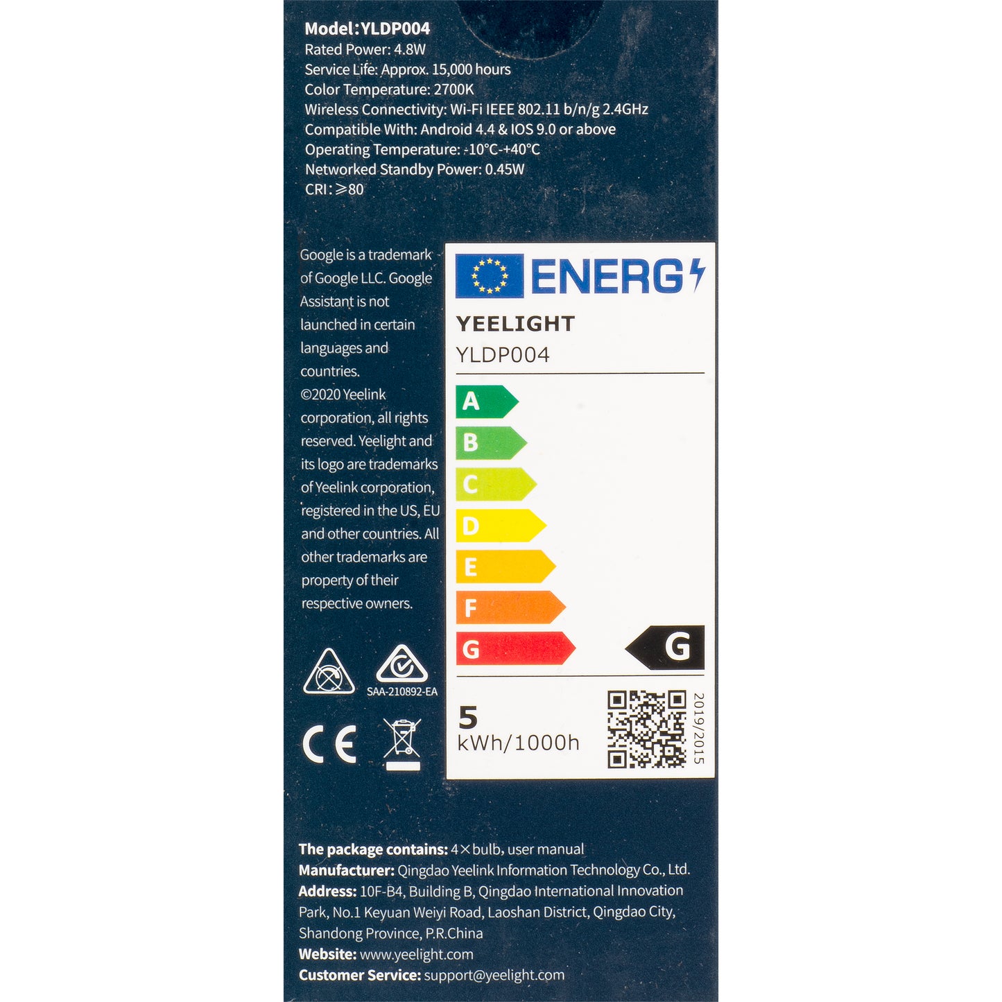 Lâmpada LED Yeelight W1, Wi-Fi, GU10, 4.8W, 2700K, 350lm, Conjunto de 4 peças YLDP004