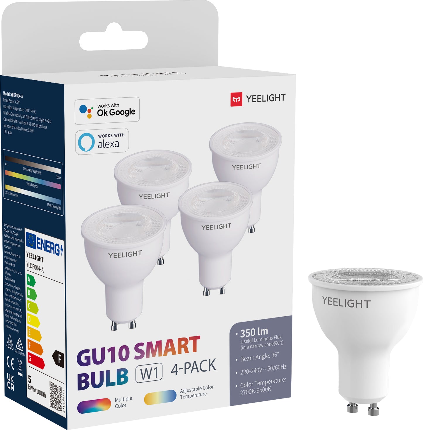 Lâmpada LED Yeelight W1, Wi-Fi, GU10, 4.5W, 2700K - 6500K, 350lm, Conjunto de 4 peças, Multicolor YLDP004-A