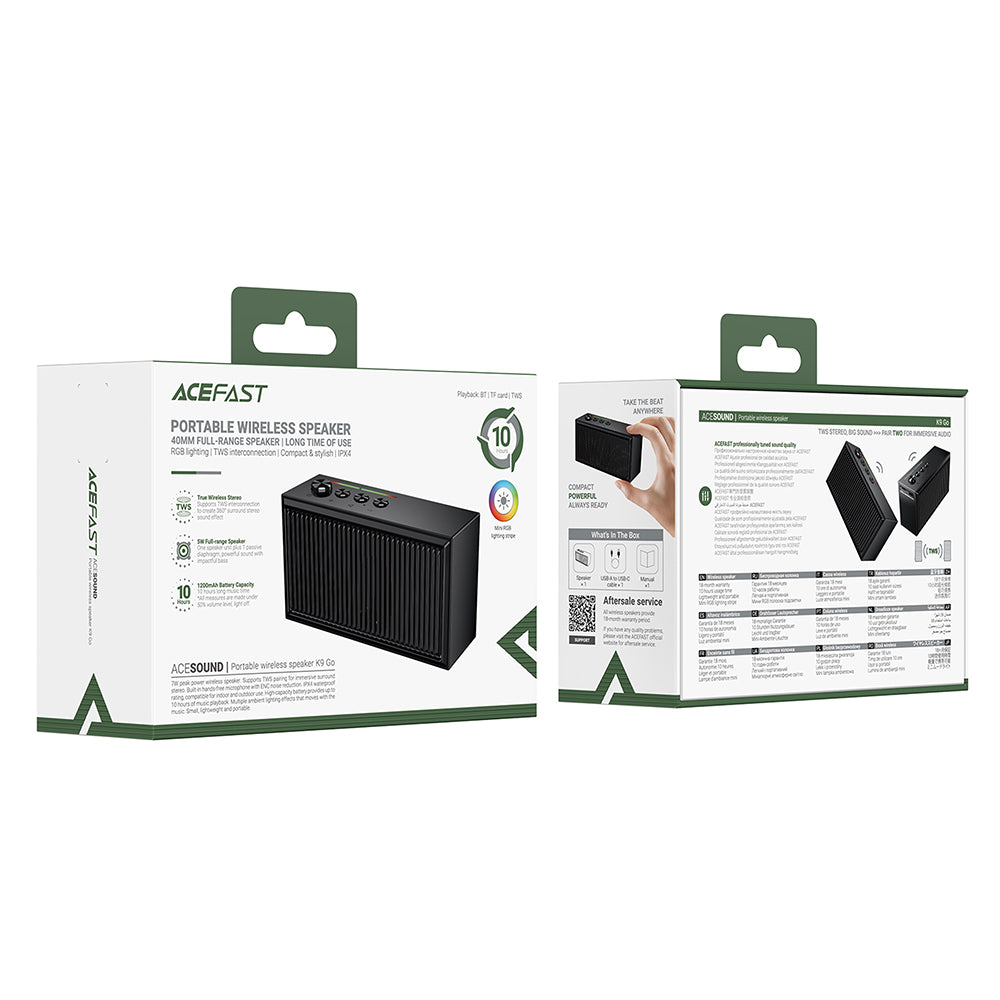 Coluna Bluetooth Acefast K9 Go, 7W, TWS, RGB, à prova de água, Preta