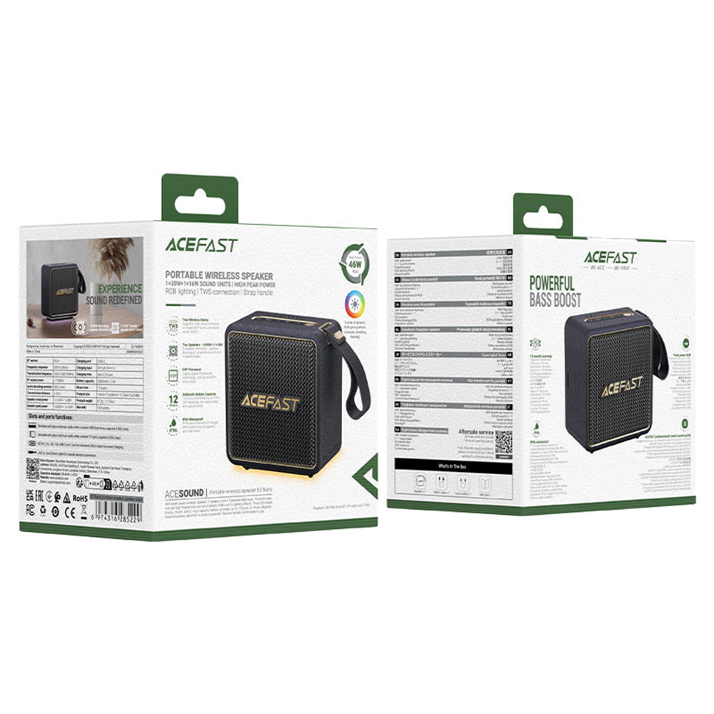 Coluna Portátil Bluetooth Acefast K3 Nano, 1 x 30W - 1 x 16W, RGB, à Prova de Água, Preta