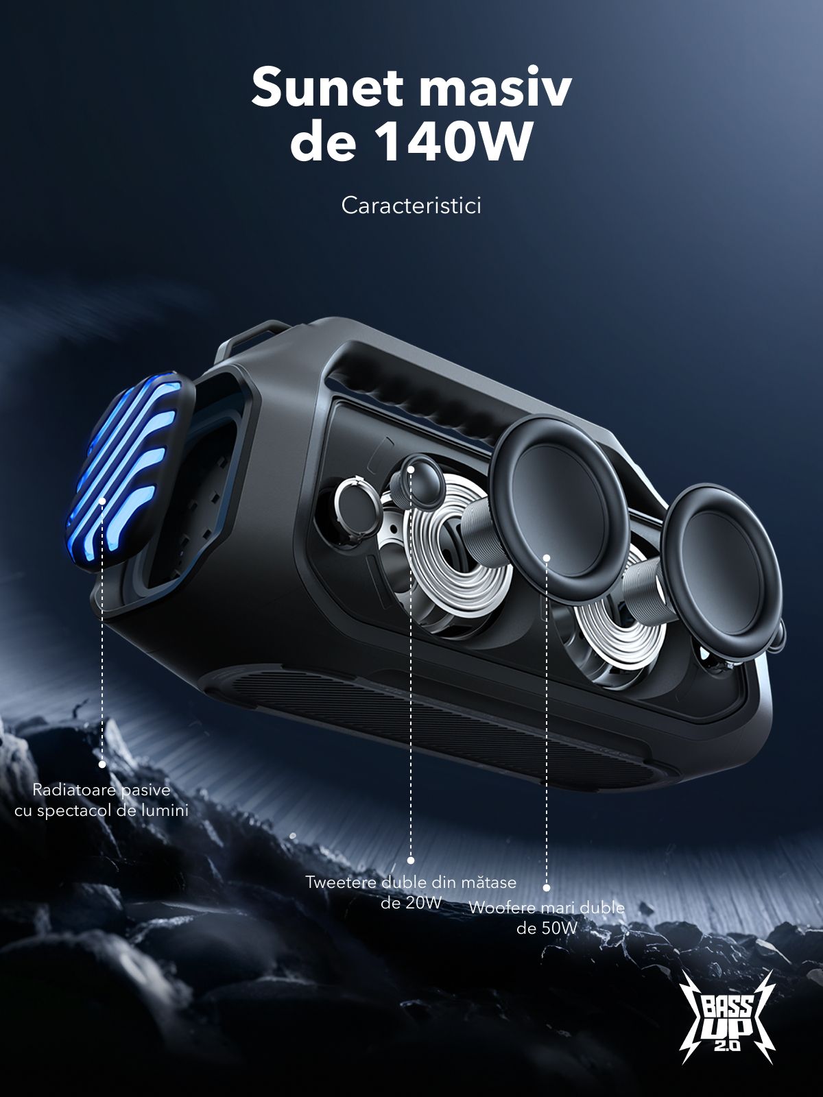 Coluna Portátil Bluetooth Anker SoundCore Boom 2 Plus Nova Versão, 140W, TWS, RGB, À Prova de Água, Preta A3134012
