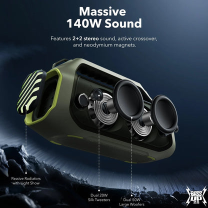 Altifalante Bluetooth portátil Anker Soundcore Boom 2 Plus, 140 W, RGB, à prova de água, verde A3134061 