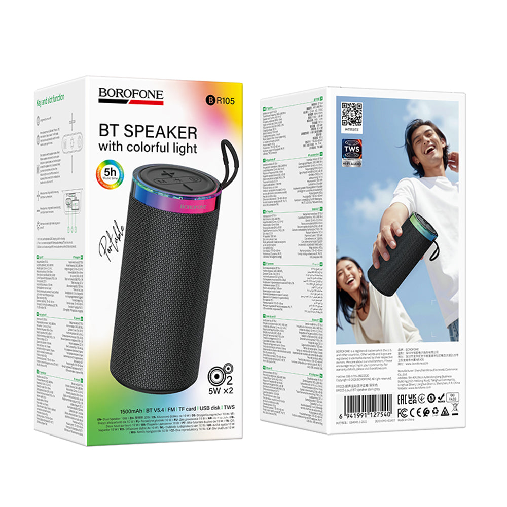 Coluna Portátil Bluetooth Borofone BR105 Loud, 10W, TWS, RGB, Cinzento