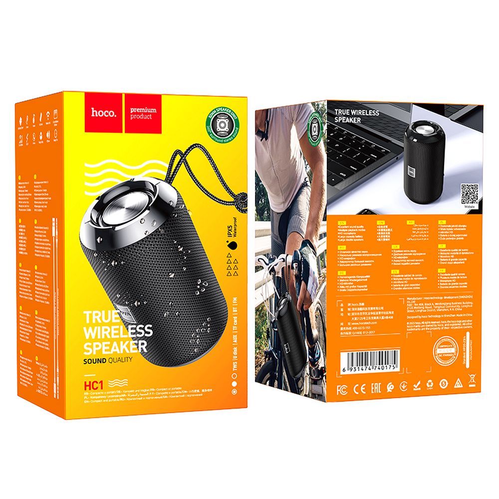 Coluna Portátil Bluetooth HOCO HC1, 5W, TWS, à Prova de Água, Preta
