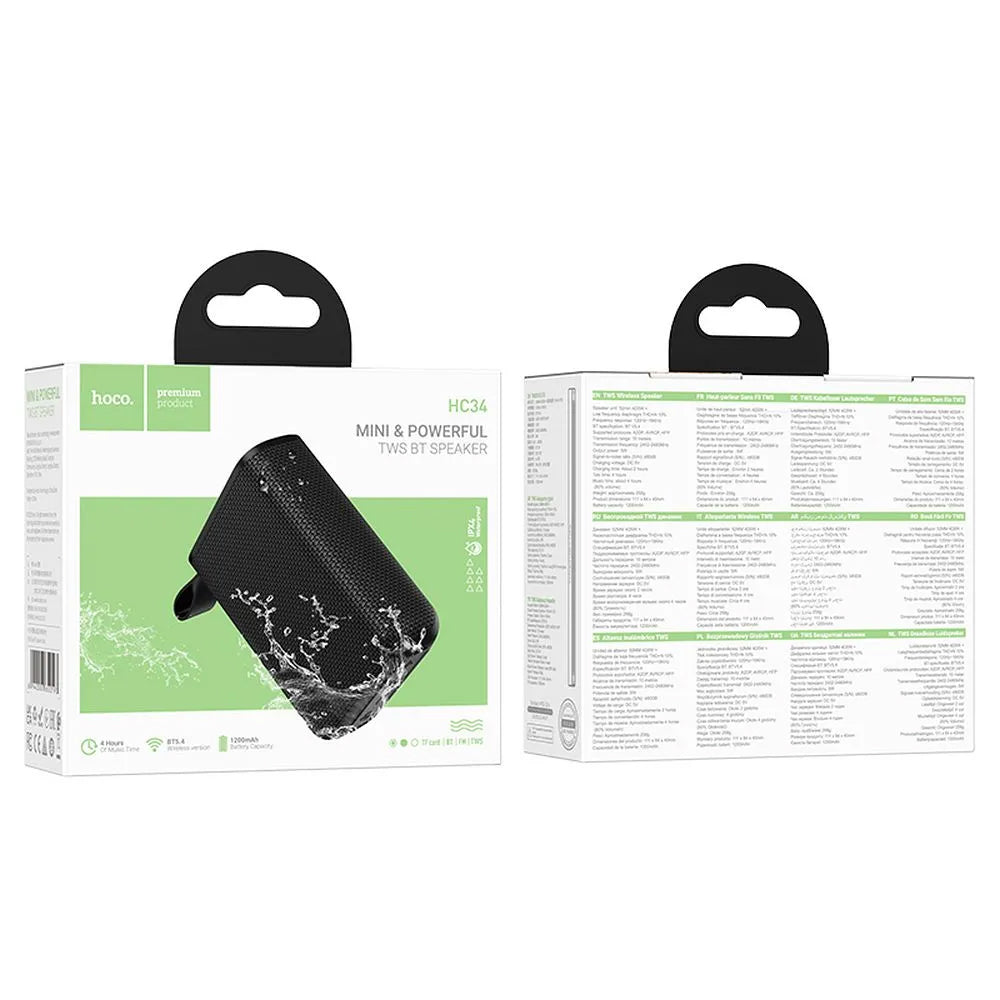Coluna Portátil Bluetooth HOCO HC34, 5W, TWS, à Prova de Água, Preta
