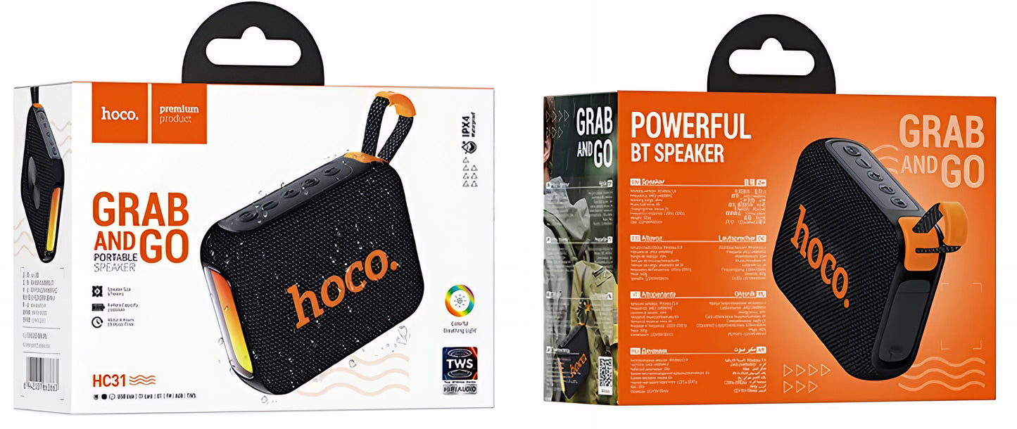 Coluna Portátil Bluetooth HOCO HC31, 10W, TWS, RGB, à prova de água, Preta