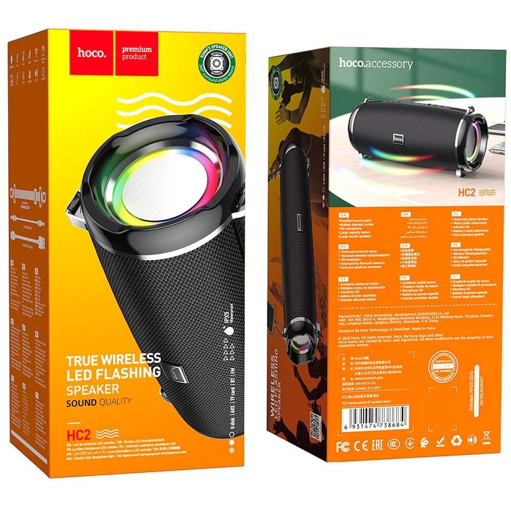 Coluna Portátil Bluetooth HOCO HC2, 2 x 5W, TWS, RGB, Preta