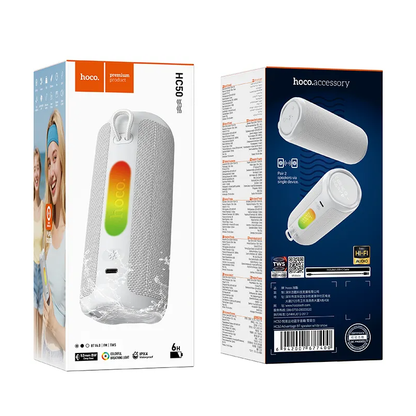 Coluna Portátil Bluetooth HOCO HC50, 8W, TWS, RGB, à prova de água, Branca