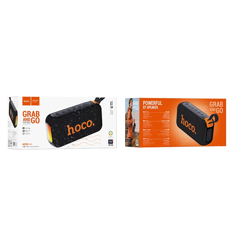 Coluna Portátil Bluetooth HOCO HC32, 2 x 10W, TWS, RGB, Preta