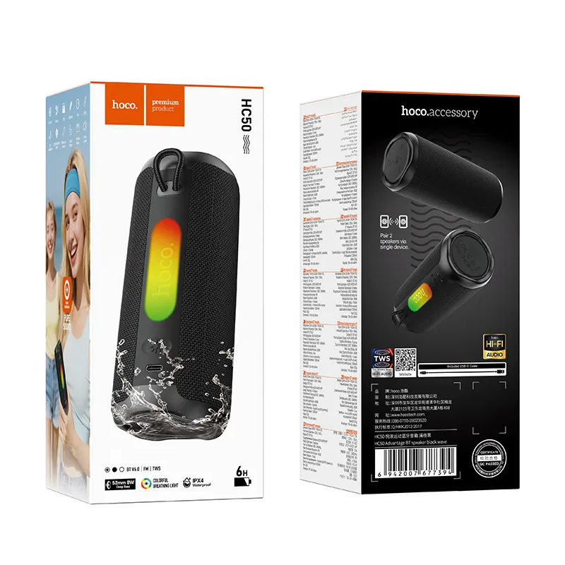 Coluna Portátil Bluetooth HOCO HC50, 8W, TWS, RGB, À Prova de Água, Preta
