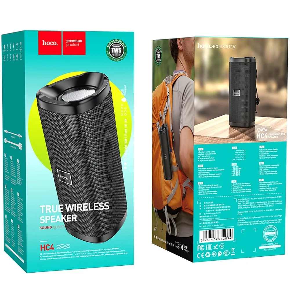 Coluna Portátil Bluetooth HOCO HC4 Bella Sport, 10W, TWS, à prova de água, Preta