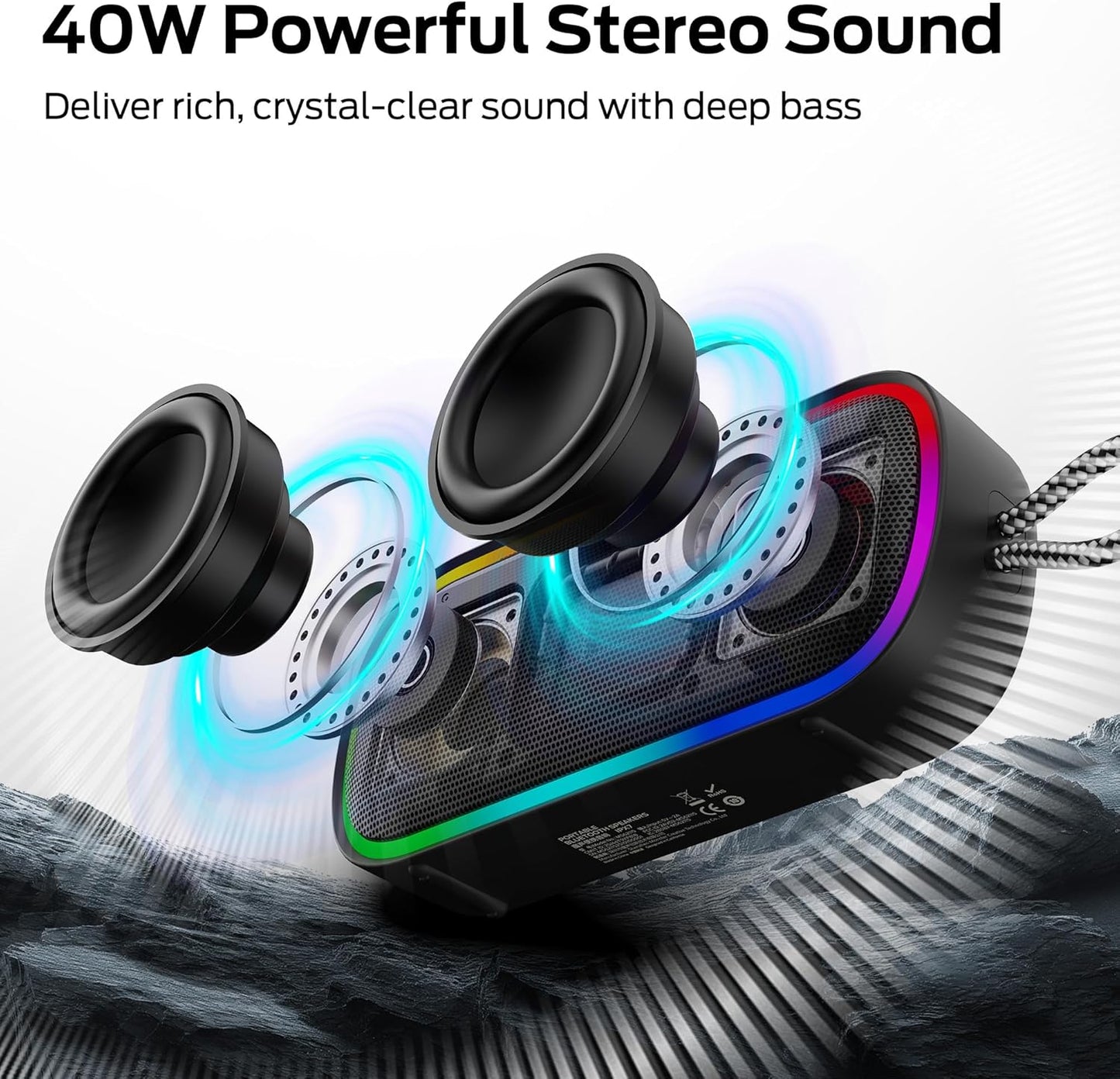 Coluna Portátil Bluetooth Monster S150 Plus, 40W, TWS, RGB, À Prova de Água, Preta