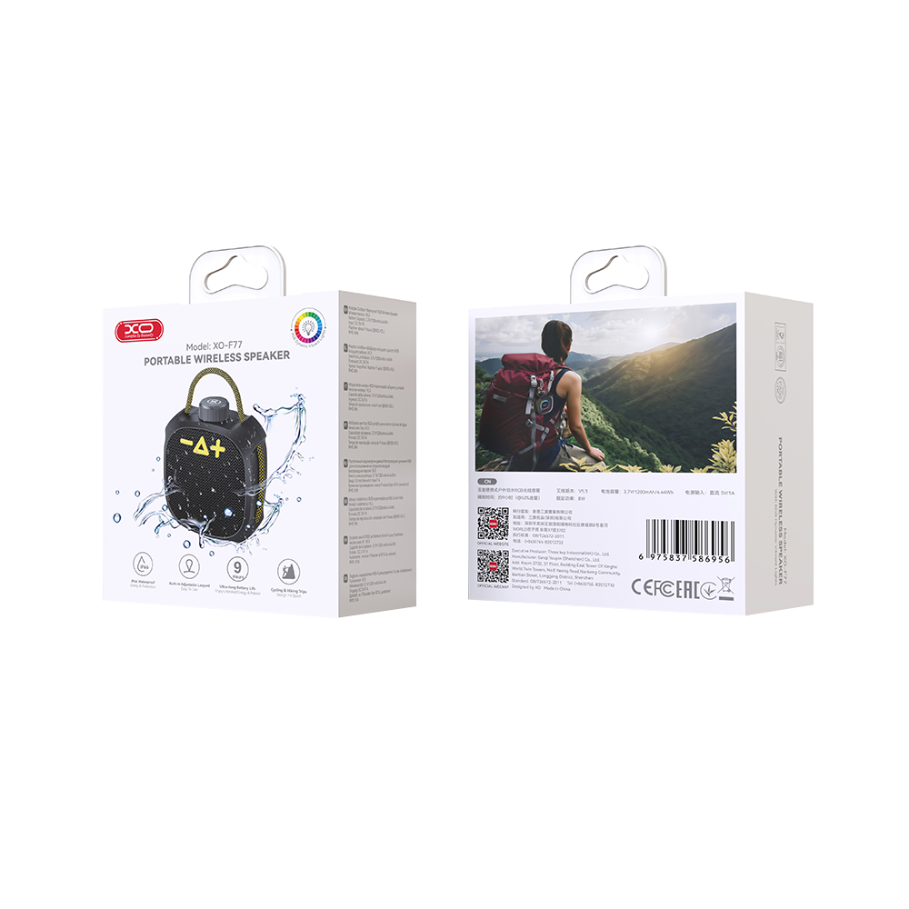 Coluna Portátil Bluetooth XO Design F77, TWS, RGB, à Prova de Água, Preta