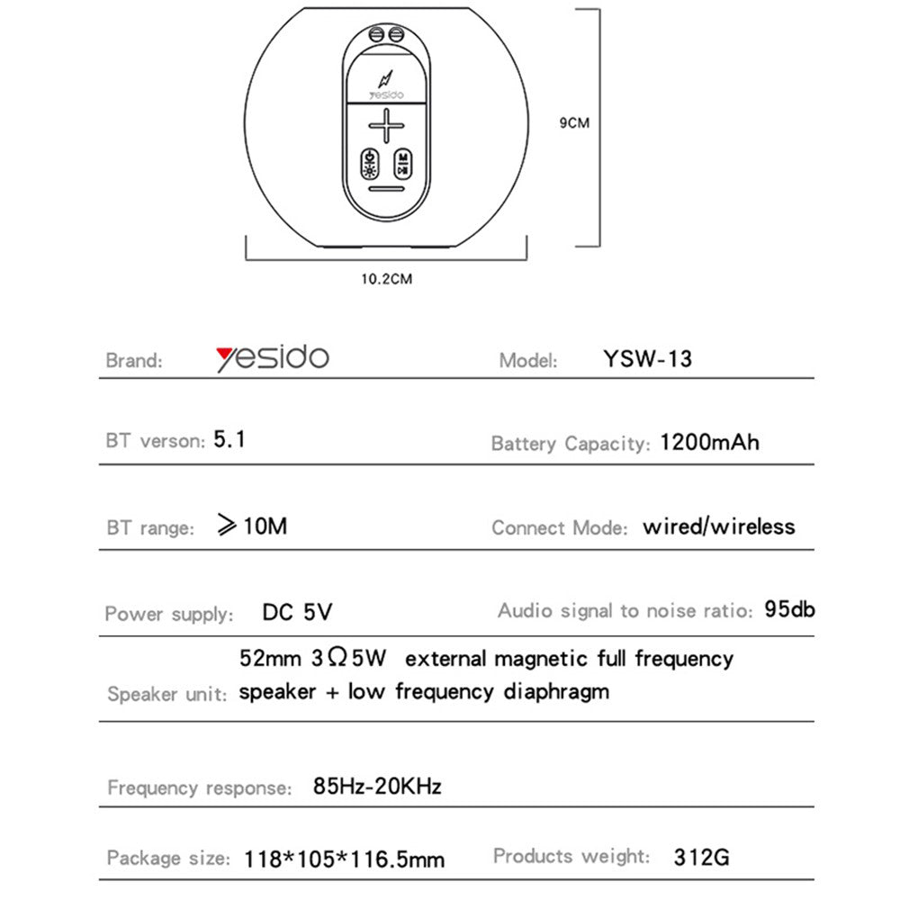Coluna Portátil Bluetooth Yesido YSW13, 5W, RGB, Azul