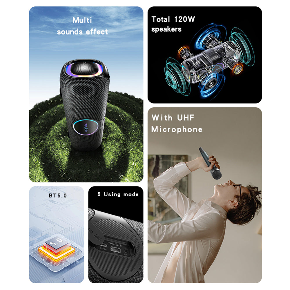 Coluna Bluetooth Yesido YSW21 Karaoke, 120W, RGB, à prova de água, Preta