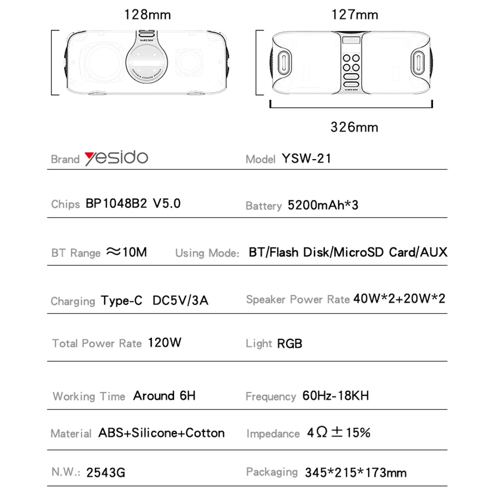 Coluna Bluetooth Yesido YSW21 Karaoke, 120W, RGB, à prova de água, Preta
