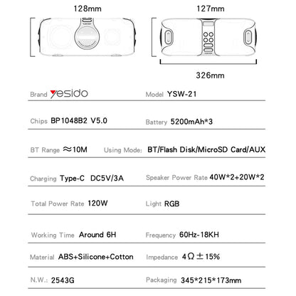 Coluna Bluetooth Yesido YSW21 Karaoke, 120W, RGB, à prova de água, Preta
