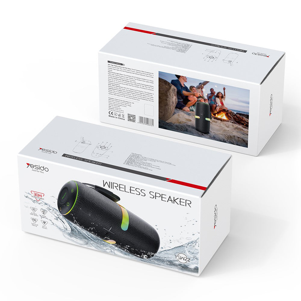 Coluna Portátil Bluetooth Yesido YSW22, 30W, RGB, à Prova de Água, Preta