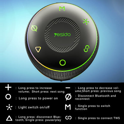 Coluna Portátil Bluetooth Yesido YSW22, 30W, RGB, à Prova de Água, Preta