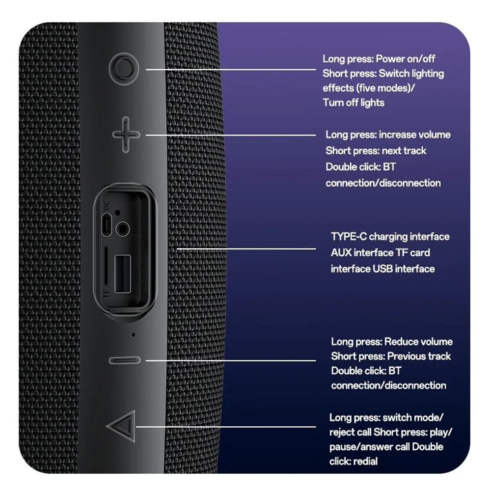 Coluna Portátil Bluetooth Yesido YSW38, 30W, TWS, RGB, Preta